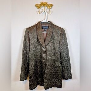 Linda Allard Ellen Tracy Brown Textured Brocade Shawl Collar Blazer. Size 10